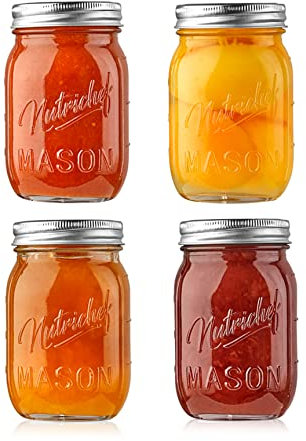 Mason Jars with Lids - 16oz DIY Magnetic Spice Jar Glass Container w/Airtight Lid and Band - Ideal for Meal Prep, Overnight Oats, Jelly, Jam, Honey, Candles, Crafts, Wedding Favors (4 Pcs)