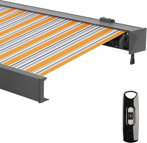 paramondo Markise Kassettenmarkise Line Gelenkarmmarkise Balkon Terrasse Sichtschutz, mit jarolift Funkmotor, Vollständig zusammengebaut, 3,5 x 3 m, Anthrazit-Matt, Stoff: Multi, Gelb-Grau-Blau