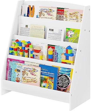 Lestarain Libreria Montessoriana per Bambini in Legno, Mobiletto Porta Libri con 4 Scomparti Aperti, Scaffale da Terra per Cameretta, Bianco, 61x30x70 cm