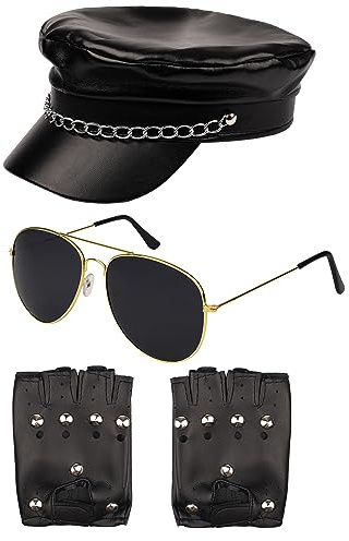 Bohue 3 Pieces Men 80s Biker Costume Accessories Black Biker Cap with Chain Sunglasses Punk Gloves Party Costume Dress-Up Accessories for Adult