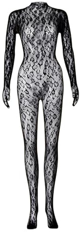 Leopard Lace Jumpsuits Fish Net One Piece Body Suit Rave Outfits for Women Ladies Night Out (Black, One Size)