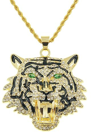 Collana Tigre Hip-Hop per Uomo - Ciondolo Testa di Tigre con Occhio Verde e Catena da 23,6 Pollici - Gioielli Animale Vichingo Norreno