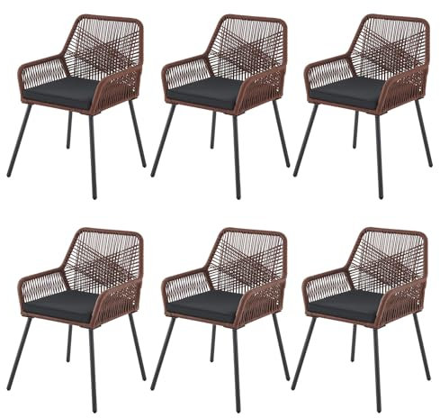 Juskys Rope Gartenstühle Kastos 6er Set - Outdoor Stuhl mit Armlehne & Kissen - Gartenstuhl 150 kg belastbar - Garten Balkon - Stühle Braun