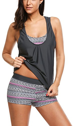 AI'MAGE Tankini Sets for Women UK with Shorts Gothics Striped Print Classic Bikini Set Athletic Sexy, Dark Gray, S