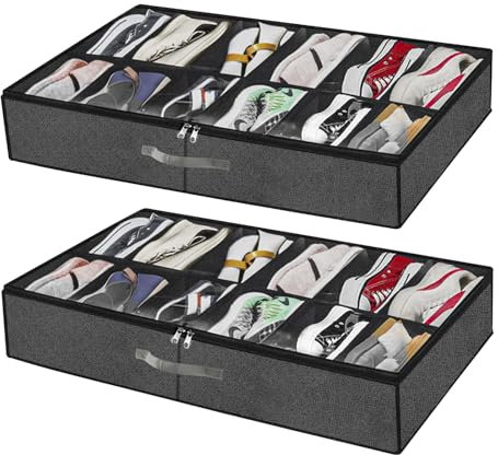 MUXHEL Under Bed Shoe Storage Organiser Set of 2, Shoe Storage Under Bed Storage Bag with Lid & Handles, Fits Total 24 Pairs Foldable Underbed Shoe storage Box with Zip for Shoes
