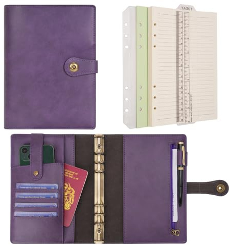 Wonderpool A5 Diario Viaggio Quaderno Taccuino Carta a righe Ricaricabile, Organizzatore in pelle con anelli per budget e penna per ufficio scuola pianificazione aziendale scrittura (Viola, A5)