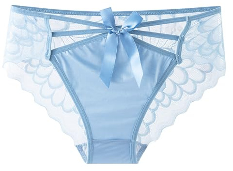 ZooChest Womens Lace Satin Panties Knickers Briefs Bow Criss Cross Sexy Underwear See Through Lace Back Coverage Knickers for Women Sissy Clothing Ladies Cute Hipster Panty Blue XL