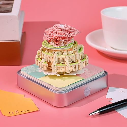 Calendrier de bureau avec lumières 2026 - Calendrier de bureau 3D - Papier Art Sakura - Arbre créatif - Bloc-notes 3D - Sculpture - Cadeau - Décoration de bureau (château d'air)