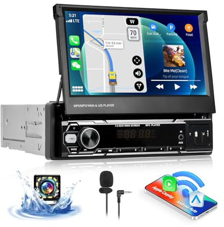 CAMECHO Autoradio 1 DIN con Carplay Inalámbrico, 7 Pulgadas Bluetooth Radio Manual Pantalla Extensible con Android Auto Mirror Link FM/Am RDS Control del Volante USB/AUX +Cámara Trasera