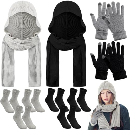Jeere 10 Pcs Winter 3 in 1 Hooded Scarf Hat Touch Screen Texting Gloves Warm Boot Socks Knitted for Women(Black and Gray)