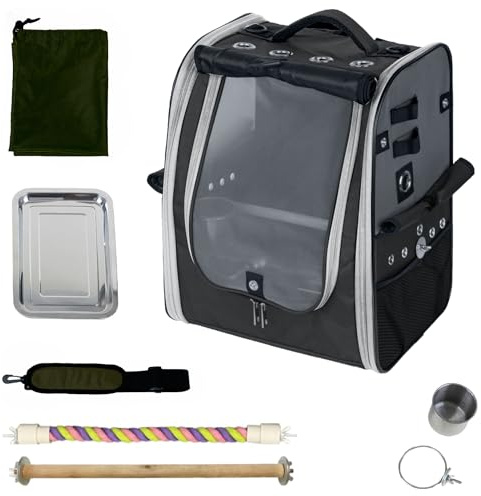 Birds Day Bird Carrier Backpack - Breathable Mesh Portable Parrot Travel Cage with 2PCS Perch, Food Bowl, and Stainless Steel Tray (Charcoal Gray)