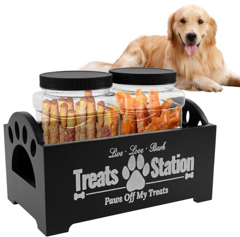NIHUIFDPY Dog Treat Container, Farmhouse Wood Pet Food Storage Container with 2 Plastic Jars, Airtight Pet Dog Cat Animal Dry Food Dispenser Bin for Pet Owners and Lovers(black)