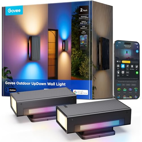 Govee Outdoor UpDown Wall Light, 2 Pack, 1200LM RGBICWW Smart Porch Lights Outdoor with 64 Scene Modes, IP66 Waterproof Wall Sconce for Outdoor Decor, Works with Alexa, Google Assistant and Matter