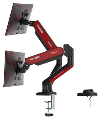NearHub Gaming monitorfäste, 2 bildskärmar för 13–32 tums bildskärmar, ergonomiskt gasfjäderstativ rymmer 3–9 kg med kabelhantering, lutbar, vridbar, VESA 75/100 mm