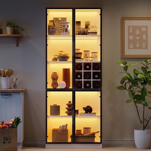 LAKFEW Vitrina con LED y Almacenaje, Vitrina Cristal con Botellero y 2 Puertas de Cristal, Vitrina Expositora Mueble Salon con Estante Ajustable, Vitrinas para Salon, 80x35x200 cm, Blanco