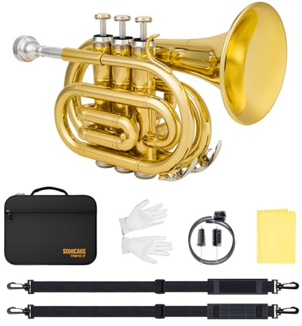 SONICAKE Pocket Trumpet Bb Flat - Gold Lacquer Brass Mini Trumpet Full Kit for Beginners Students with 7C Mouthpiece, Hard Case, Gloves & Cleaning Kit QPT-01 (Golden)