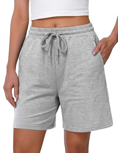 Litherday Bermuda Shorts for Women Ladies Running Sweat Knee Length High Waist Lounge Loose Cotton Training for Gym Fitness Yoga Lounge Jogging with Pockets (Light Grey, XXL)