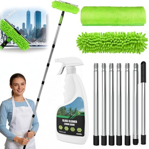CLOPAE 3M - Kit di strumenti per la pulizia delle finestre con manico lungo, 2 in 1, estensibile, con spatola e panno in microfibra, per interni ed esterni