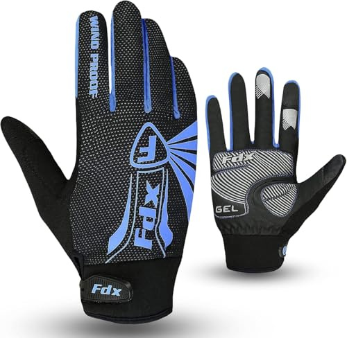 FDX Full Finger Cycling Gloves Windproof Padded Touchscreen Mitts Blue L