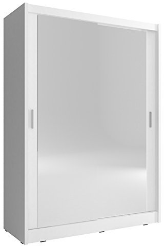 Kleiderschrank mit Spiegel Schwebetürenschrank 2-türig mit Einlegeböden und Kleiderstange Schlafzimmer- Wohnzimmerschrank Schrank Gaderobe Schiebtüren Borneo A2 (Weiß, 130 cm)