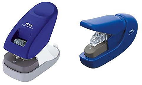 PLUS Japan, Klammerloser Hefter Schreibtischmodell in Blau, Heftleistung 10 Blatt, 1er Pack (1 x 1 Hefter) & Klammerloser Hefter in Blau, Heftleistung 5 Blatt, 1er Pack (1 x 1 Hefter)