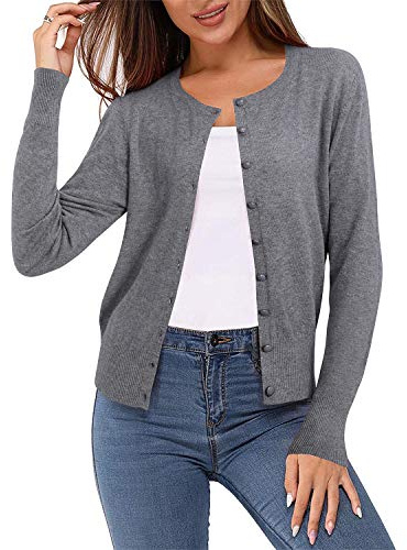 Newshows Women's 2026 Spring Lightweight Button Down Long Sleeve Cozy Crew Neck Soft Knit Jacket Spring Cardigan Sweater Trendy(Grey,Small)
