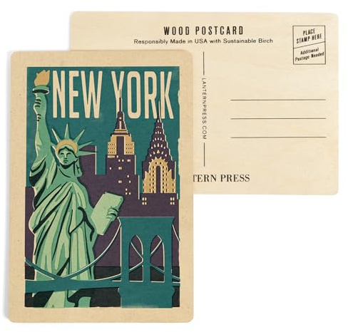 New York, Woodblock City Series (4x6 Birch Wood Postcards, 2-Pack Stationary, Rustic Home Wall Decor)