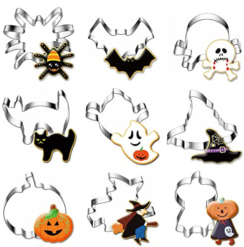 9 Stück Halloween Ausstechformen Set aus Edelstahl - Schädel, Geist, katze, Kürbismann, Fledermaus, Kürbis, Hexenhut, Spinne, Hexe, Keksausstecher Plätzchen Ausstecher Backen für Kinder