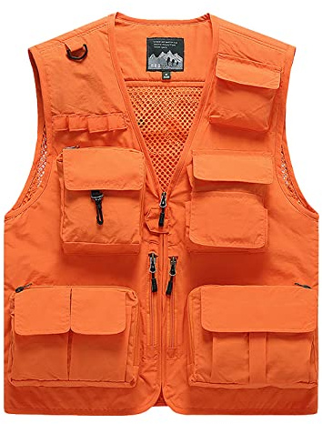 Sukany - Chaleco de hombre para ocio, trabajo al aire libre, safari, pesca, viaje, con múltiples bolsillos, de malla, para fotografía, naranja, XL