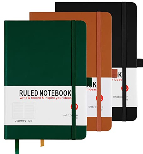Notebook A5, 3 Pack Journal A5 Notebook 200 Pages 80 GSM Journal Notebook Hardback Notepad with Lined Pages, Pen Loop and Expandable Paper Pocket, Journal Notepad Note Book (Black, Brown, Green)