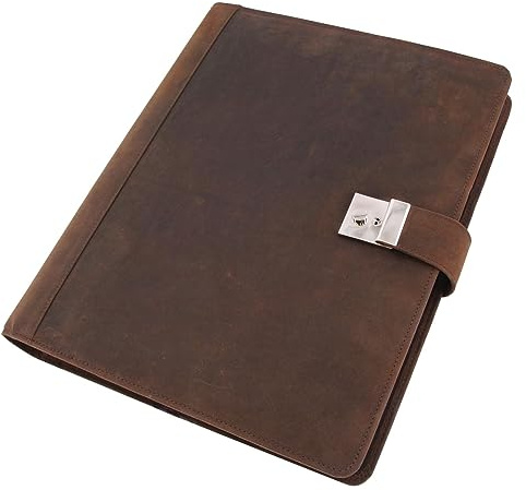 ALASSIO 31515-2 dokumentmapp DIN A4 med lås, organisatör DIN A4 med 6 fack och 15 fodral, mötesmapp av hunter läder, mapp med 4 ringmekanik, lädermapp ca 36 x 28 x 4,5 cm, grå-brun