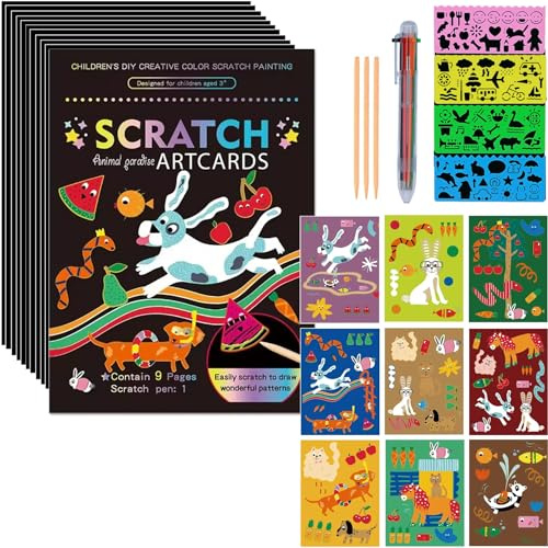 SuyuanArt Set di carta da grattare con animali e arcobaleno nero, set di carta da grattare e grattare, magia, immagine nascosta, pittura per bambini, attività di disegno, per ragazzi e ragazze,