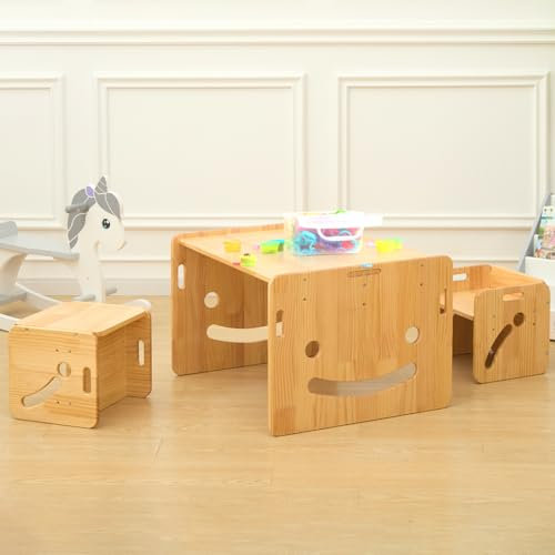 FUNLIO Montessori Höhenverstellbares kindertisch mit 2 stühlen für 1-3 Jährige, hochwertiger Massivholz Kinder Tisch Stuhl Set, zum Lesen/Essen/Spielen, einfach aufzubauen - Quadratischer Tisch