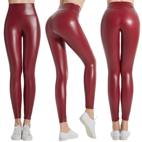YIYELIY Pantalones de Cuero PU Mujer Leggings Cintura Alta Cuero Pantalones Largos Club Fiesta (Rojo,M)