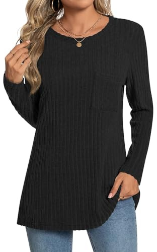 Bestbee Ladies Fall Long Sleeve Jumpers Crew Neck Tunic Dressy Sweater Shirts for Leggings Women's Casual Blouses, L, Black