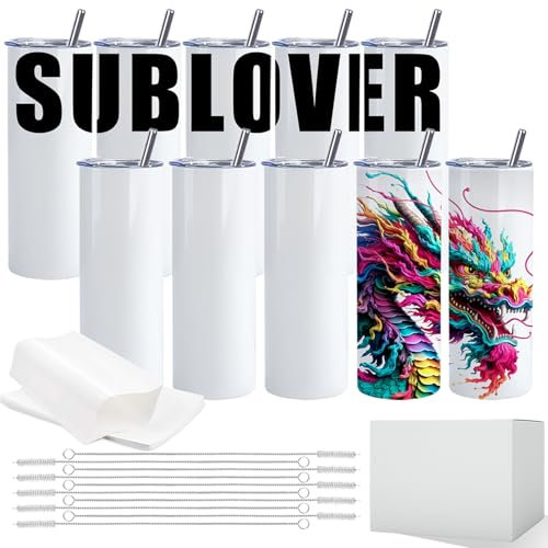 SUBLOVER Lot de 10 gobelets à sublimation fins en acier inoxydable à double paroi avec paille pour presse à gobelet - Blanc - 591 ml