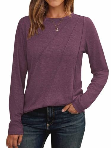 Cuptacc Camiseta Manga Larga Mujer Jersey Mujer Cuello Redondo 2025 Moda Blusa Monocolor Tops Plisados Camisa Elegante Rojo Vino M