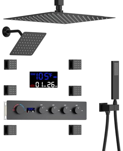 WHSHOWER Matte Black Body Jets Shower Set with 12 Ceiling Shower Head & 8 Side Square Head,Dual Shower Heads System with Handheld and Digital Shower Valve,Full Body Shower System