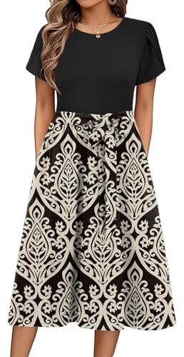 Zeagoo Vestido de Verano para Mujer Cortas Mangas Vestidos Redondo Midi | Vestido de Playa Vestidos Casuales | Vestido Estampado de Flores | con Bolsillos