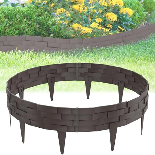FIVMEN Bordure de pelouse en plastique - 10 m - Brique d'imitation pierre - Bordure de parterre avec piquets de 10 cm - Texture imitation brique - Bordure de tonte - Palissade pour jardin - Marron