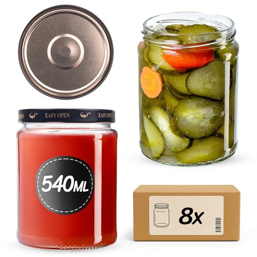 KADAX Tarros de conservas de 540 ml con tapa de rosca fi82 mm, tarros para conservas, conservas y conservas, tarros de mermelada, tarros de almacenamiento, tarros redondos (negro/dorado, 8 unidades)