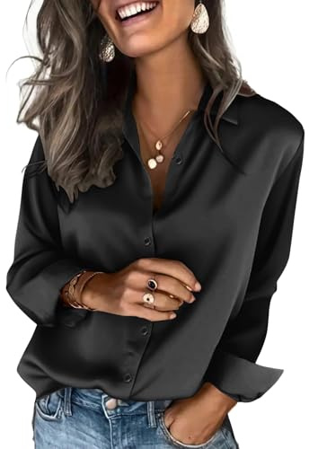 Chemisier en Satin pour Femme - Manches Longues - Chic et Élégant - Col en V - Couleur Unie Chemise Shirts Tops