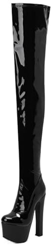 Mo Joc Stivali sopra il ginocchio da donna, punta tonda, tacco da 16,5 cm, plateau 6,5 cm, altezza gambale 70 cm, chiusura lampo laterale, suola antiscivolo, Nero 1, 35 EU