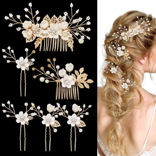 6 Pcs Bridal Hair Accessories French Hair Side Combs and Hair Pins,Gold Wedding Jewelry Headpiece with Rhinestone for Brides Bridesmaids Women Girls(White Flower）