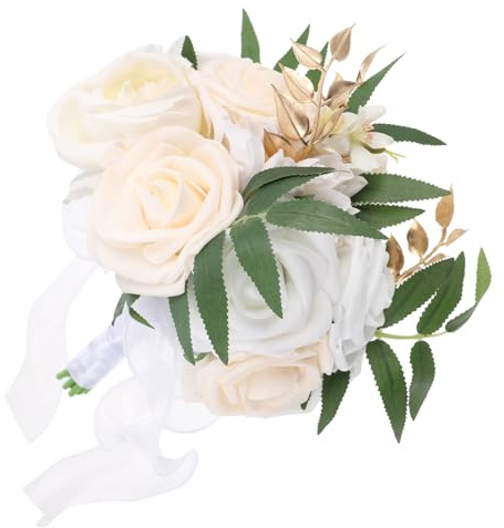 Cabilock Ramo de Flores Artificiales para Novia Ramo de Rosas Lazo de Encaje Hecho a Mano Color Crema 22X29 CM y Decoración de Bodas