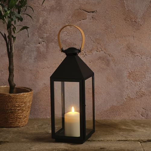 Lights4fun Brixham lykta med normal läderhandtag med TruGlowCandle