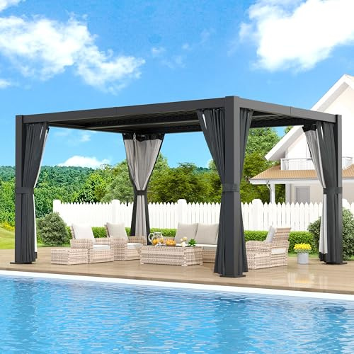 LVUYOYO 10' x 13' Louvered Pergola, Outdoor Aluminum Pergola with Adjustable Roof, Waterproof Metal Gazebo with Curtains and Netting for Patio, Backyard, Garden, Deck (Black)