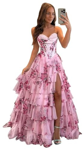 SWEMILE Womens Floral Prom Dresses Tiered Chiffon Sweetheart Ball Gown Corset Empire Waist Formal Evening Gowns 3222