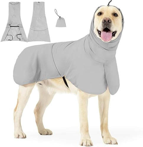 Hundregnjacka för medelstora hundar, grå polyester lätt regnutrustning för husdjur, M storlek 45 cm bak, utomhus vindtät solblockerande kappa