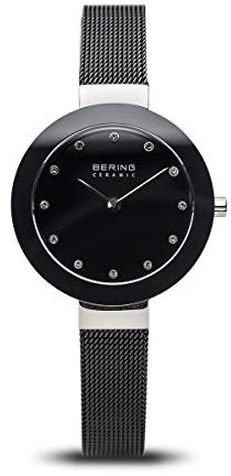 BERING Damen Quarz Uhr | Armbanduhr 29 mm silbernes Edelstahlgehäuse und schwarzes Zifferblatt | Milanaisearmband | Saphierglas | 5 ATM | 11429-102